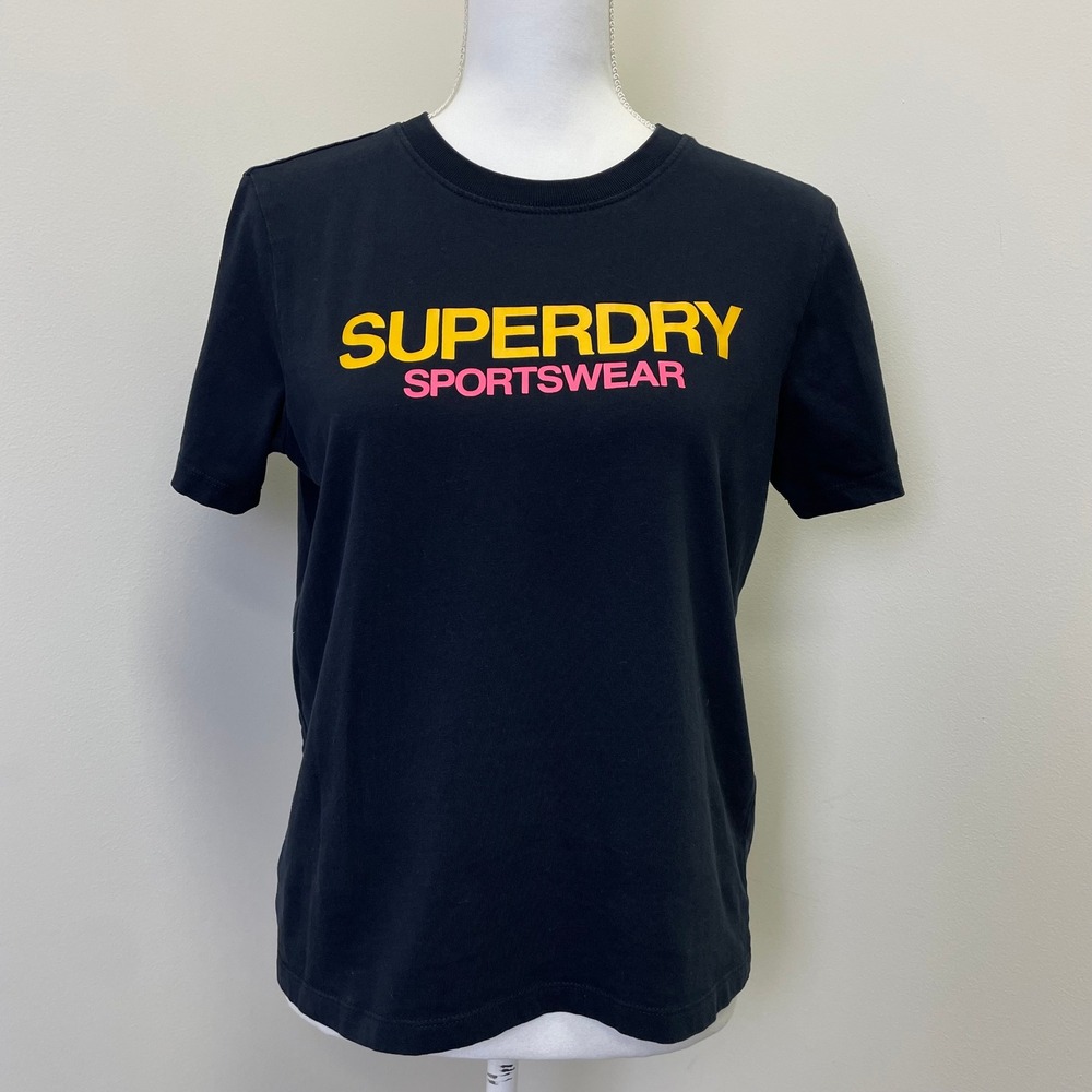 Superdry Sportswear Graphic T-Shirt Black Yellow Pink Logo Size US 8 UK 12